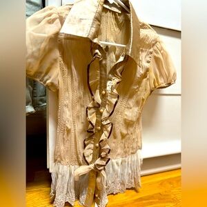 **Elegant Beige Ruffle Blouse with Lace Trim**